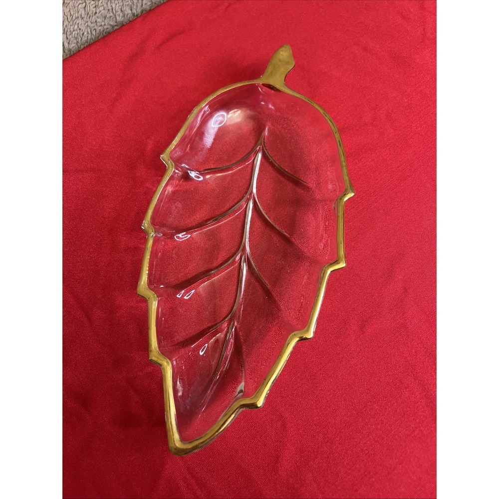 Vintage Hazel Atlas Leaf Design Gold Trim Candy Trinket Dish Vanity Mid-century